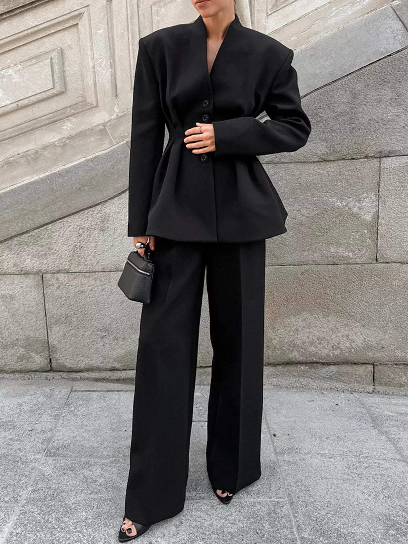 Chic Button Down Pleated Blazer and Wide-Leg Pants Suit Set - Trendsi - Flyclothing LLC