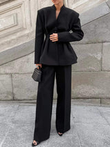 Chic Button Down Pleated Blazer and Wide-Leg Pants Suit Set - Trendsi - Flyclothing LLC