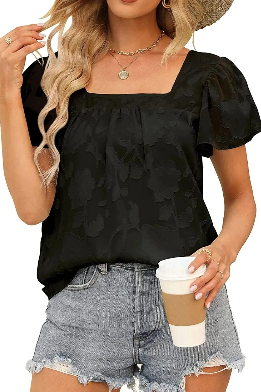 Square Neck Short Sleeve Blouse - Trendsi