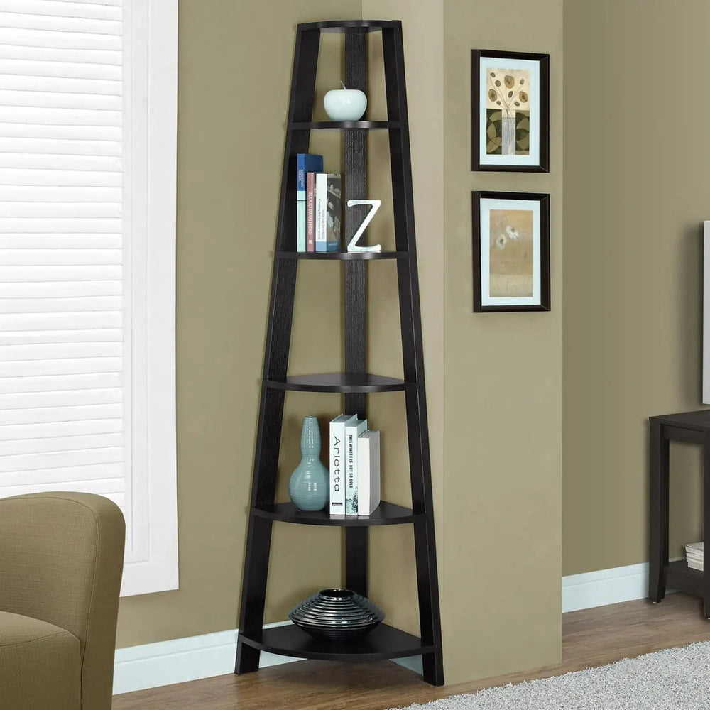 71" Espresso Wood Five Tier Corner Bookcase - Homeroots - Flyclothing LLC