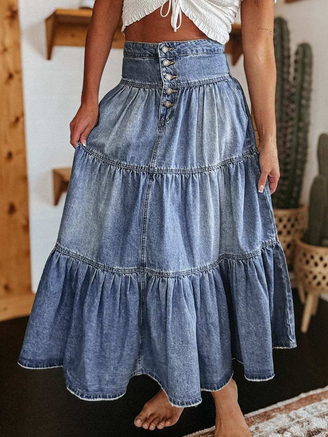 Tiered Button-Fly Denim Skirt - Trendsi - Flyclothing LLC