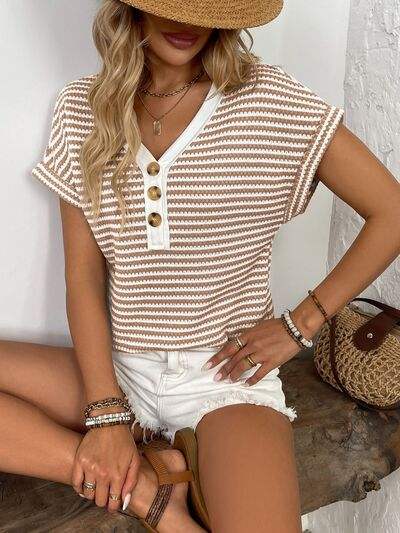Striped V-Neck Short Sleeve T-Shirt - Trendsi - Flyclothing LLC