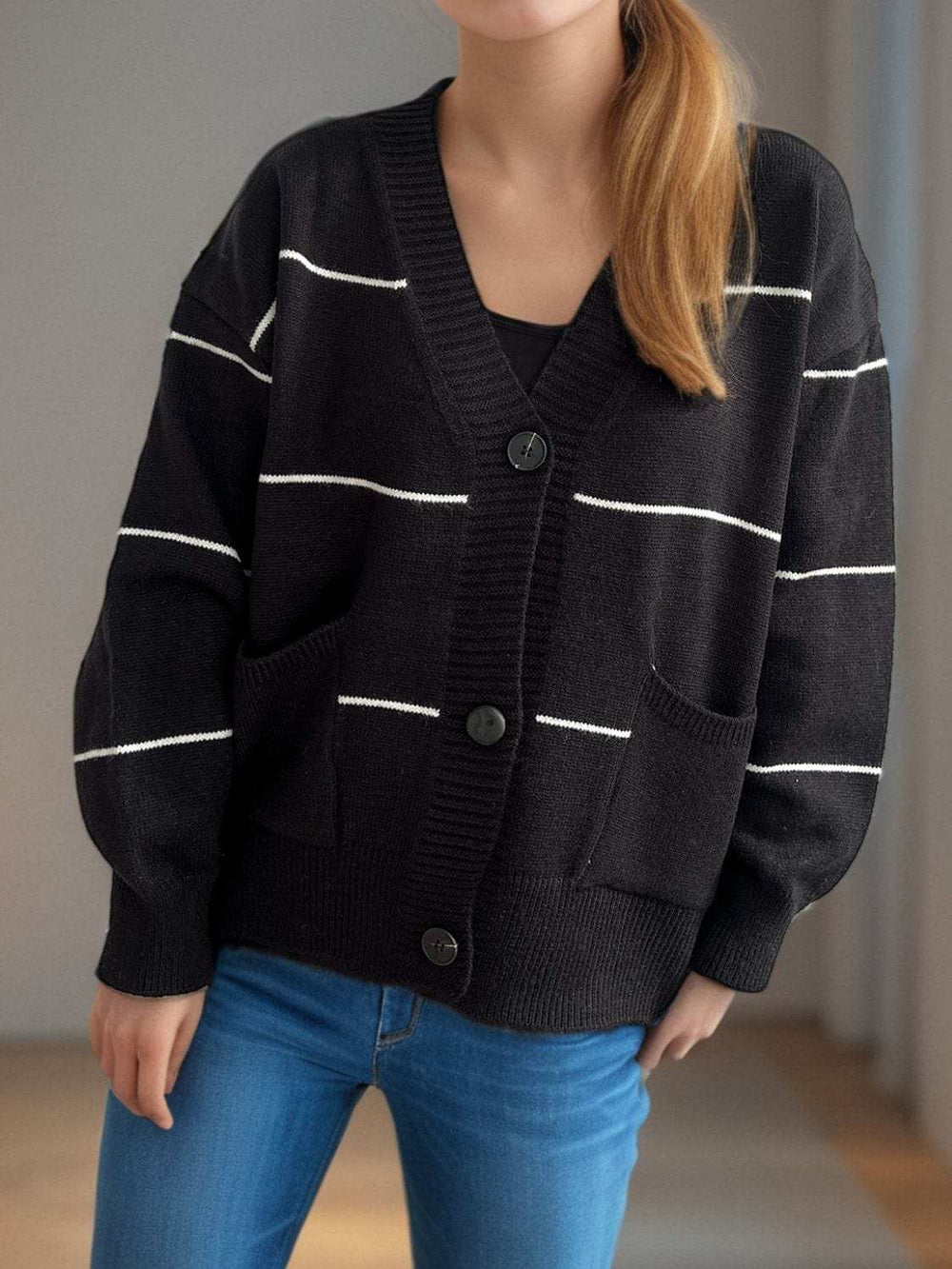 Striped Button Down V-Neck Long Sleeve Cardigan - Trendsi - Flyclothing LLC