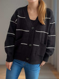 Striped Button Down V-Neck Long Sleeve Cardigan - Trendsi - Flyclothing LLC