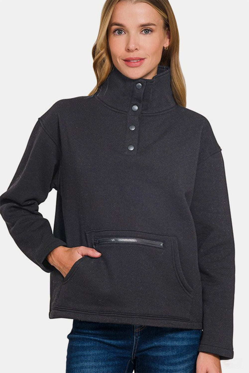 Zenana Turtleneck Half Snap Fleece Sweatshirt - Trendsi