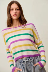 SO ME Mardi Gras Color Stripe Lightweight Sweater Top - Trendsi - Flyclothing LLC