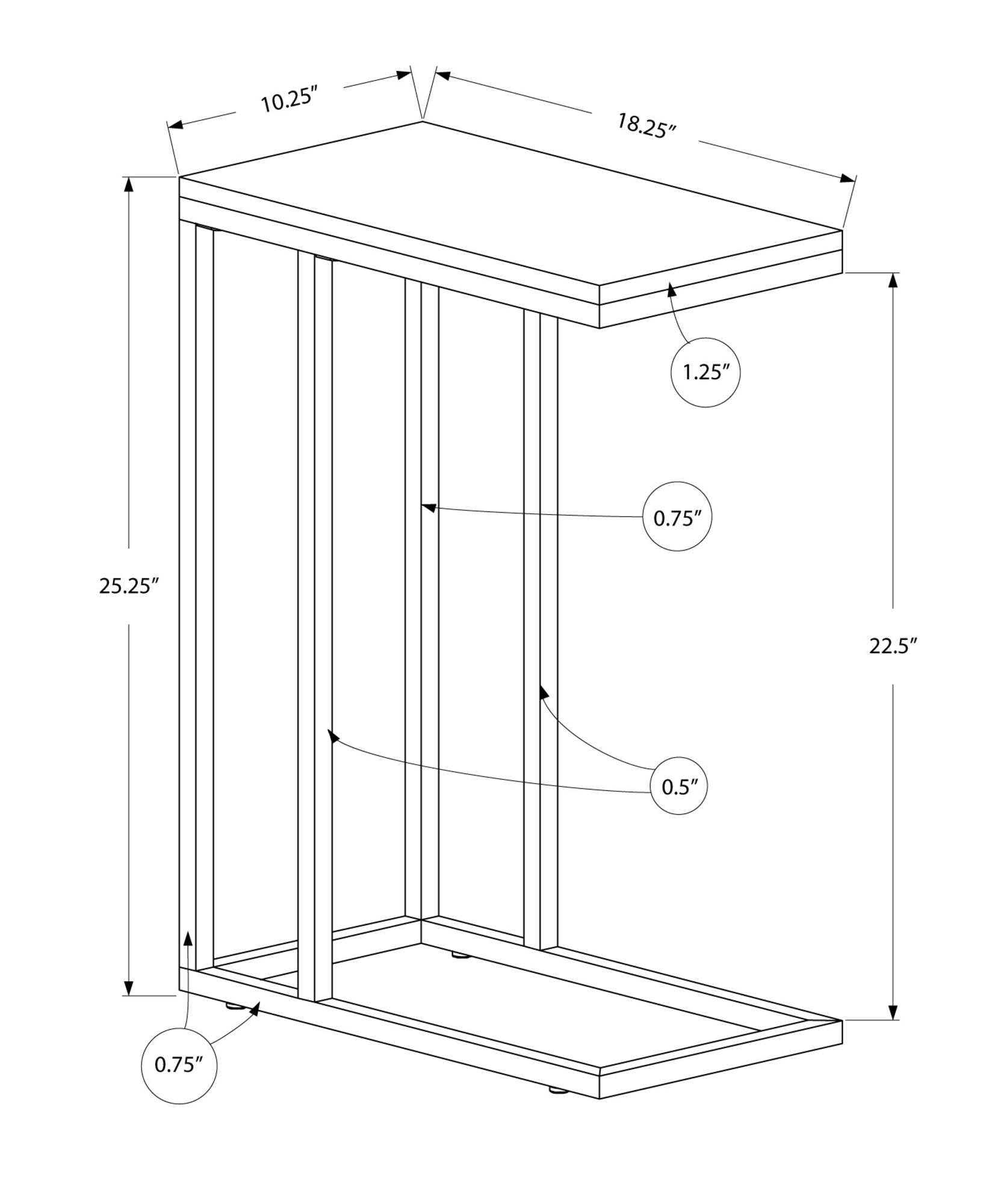 18.25" X 10.25" X 25.25" Grey Particle Board Metal  Accent Table