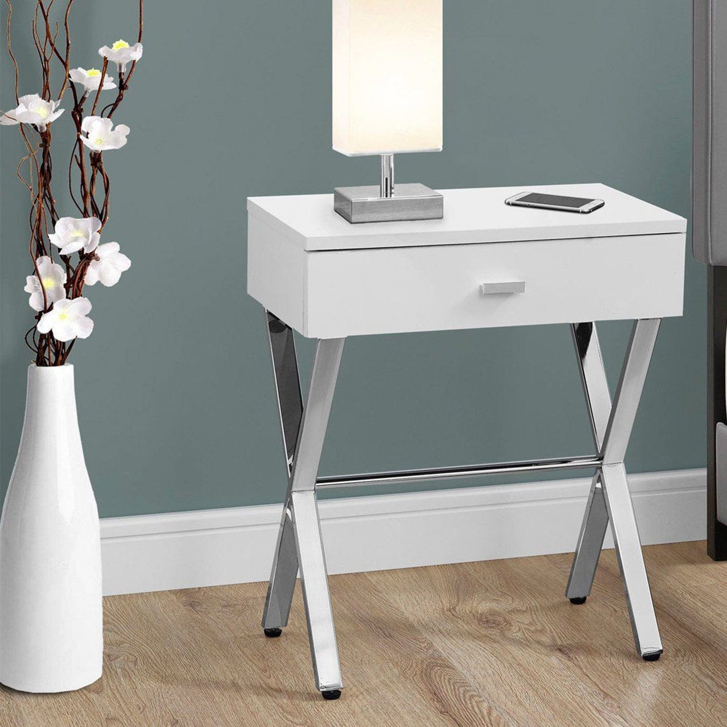 22" Silver And White Wood And Metal End Table With Drawer - Homeroots - Flyclothing LLC