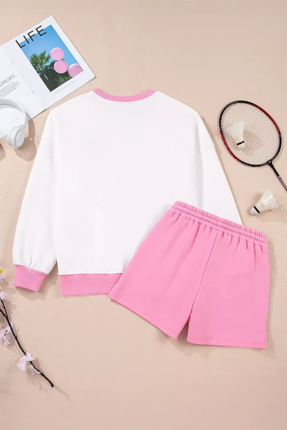 Color Block Sweatshirt and Elastic Waist Shorts Set - Trendsi - Flyclothing LLC