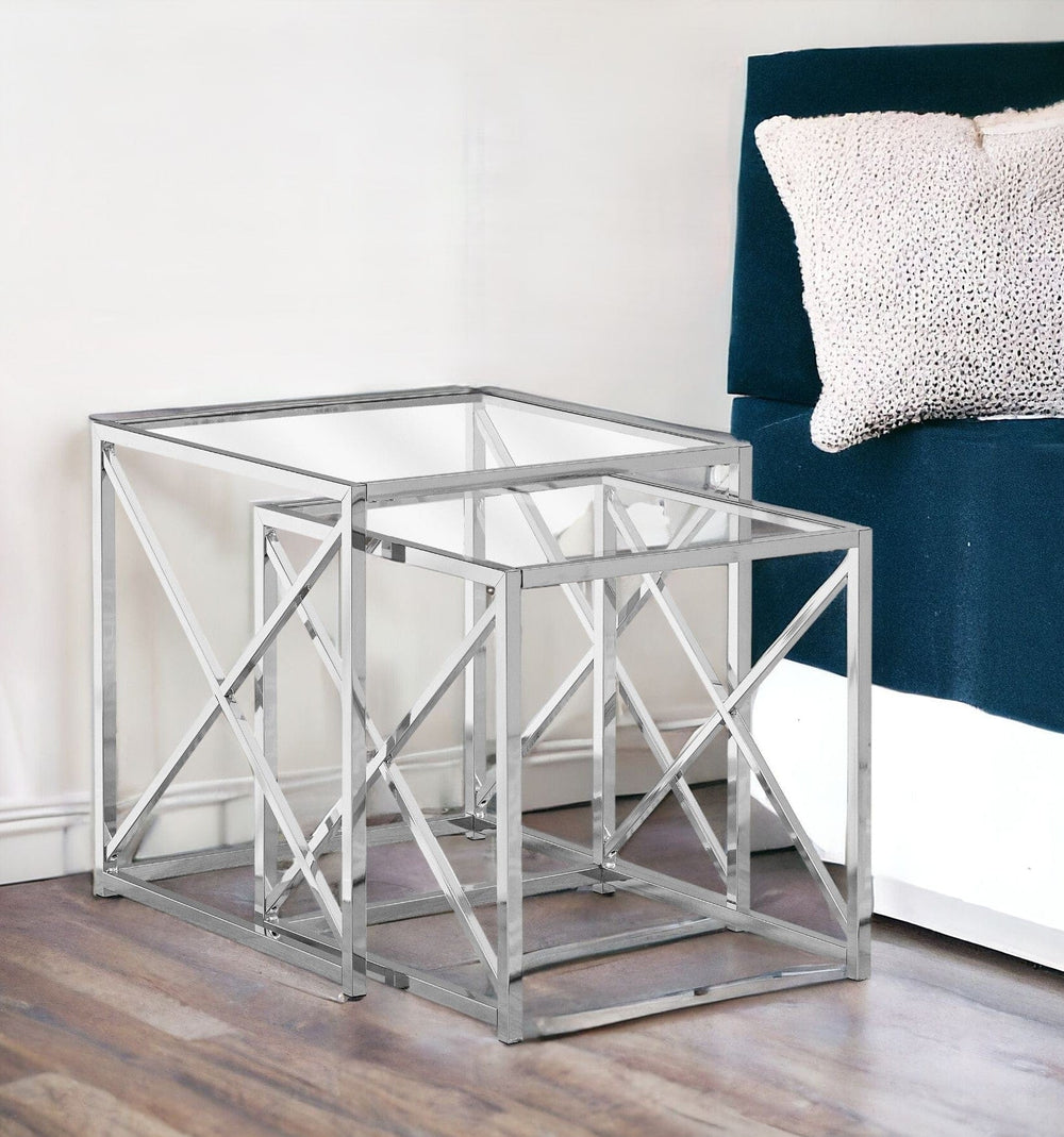 Set of Two 38" Silver And Clear Glass Square Nested Tables - Homeroots - Flyclothing LLC