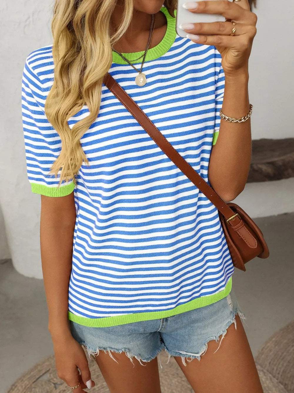 Mandy Striped Round Neck Half Sleeve Knit Top - Trendsi - Flyclothing LLC