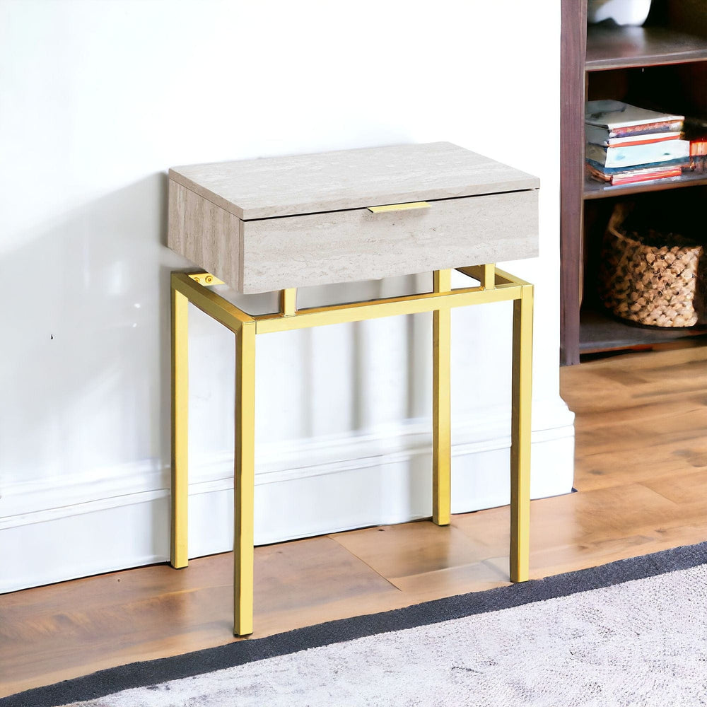 23" Gold And Beige Wood And Metal End Table With Drawer - Homeroots - Flyclothing LLC