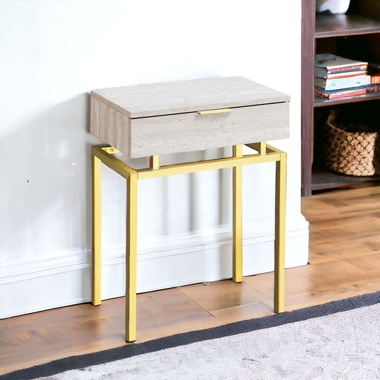 23" Gold And Beige Wood And Metal End Table With Drawer - Homeroots