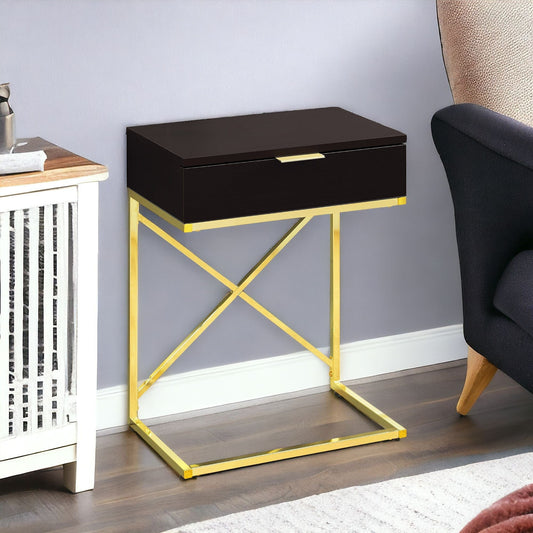 24" Gold And Black Wood And Metal End Table With Drawer - Homeroots