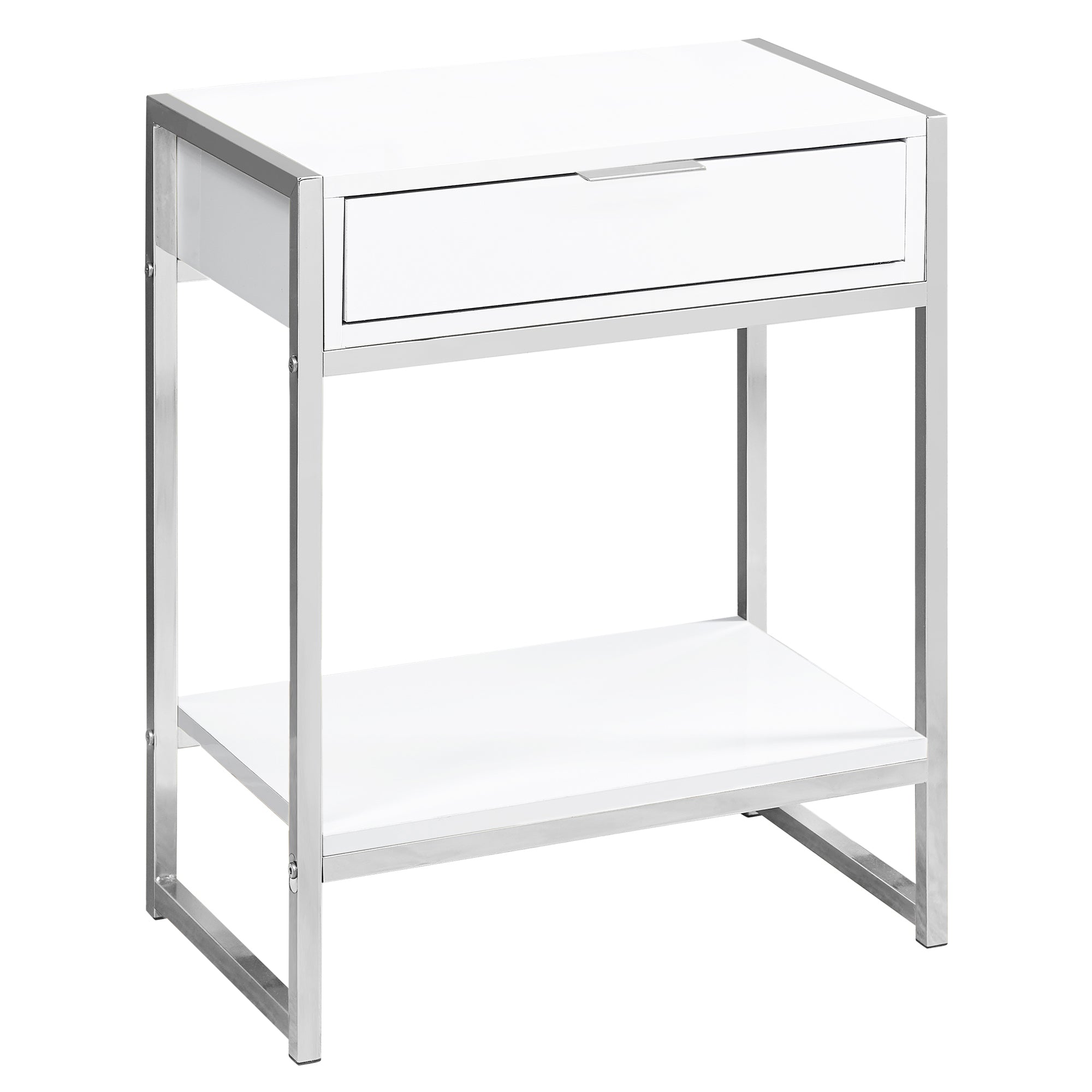 24" Silver And White Wood And Metal End Table With Drawer And Shelf