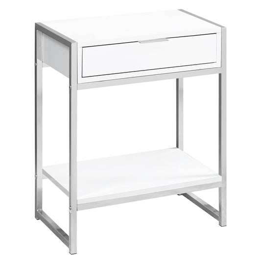 24" Silver And White Wood And Metal End Table With Drawer And Shelf
