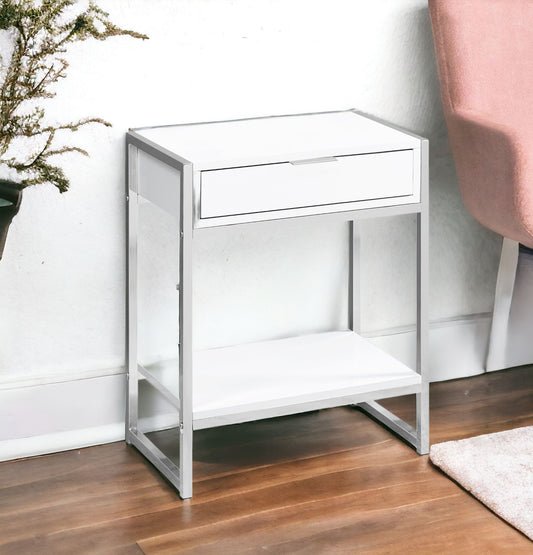 24" Silver And White Wood And Metal End Table With Drawer And Shelf