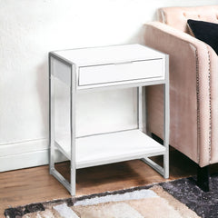 24" Silver And White Wood And Metal End Table With Drawer And Shelf