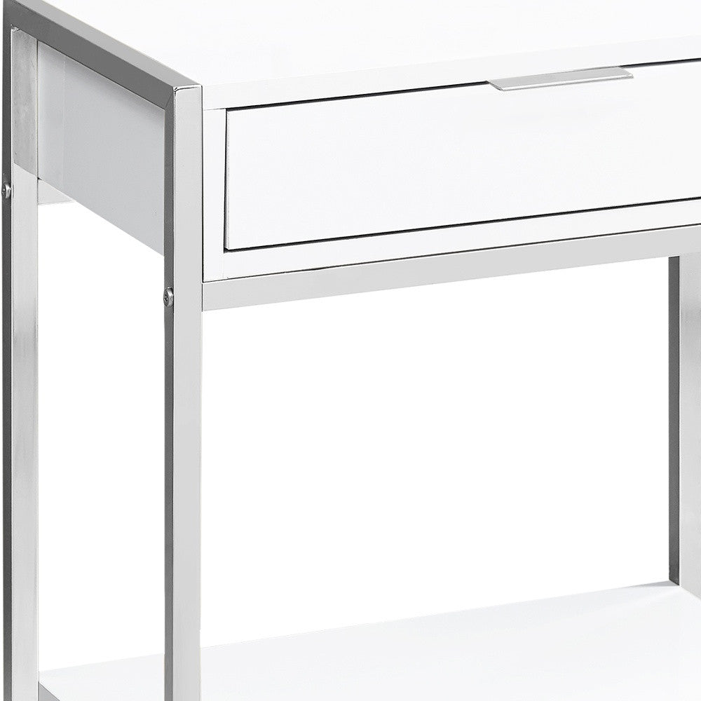 24" Silver And White Wood And Metal End Table With Drawer And Shelf