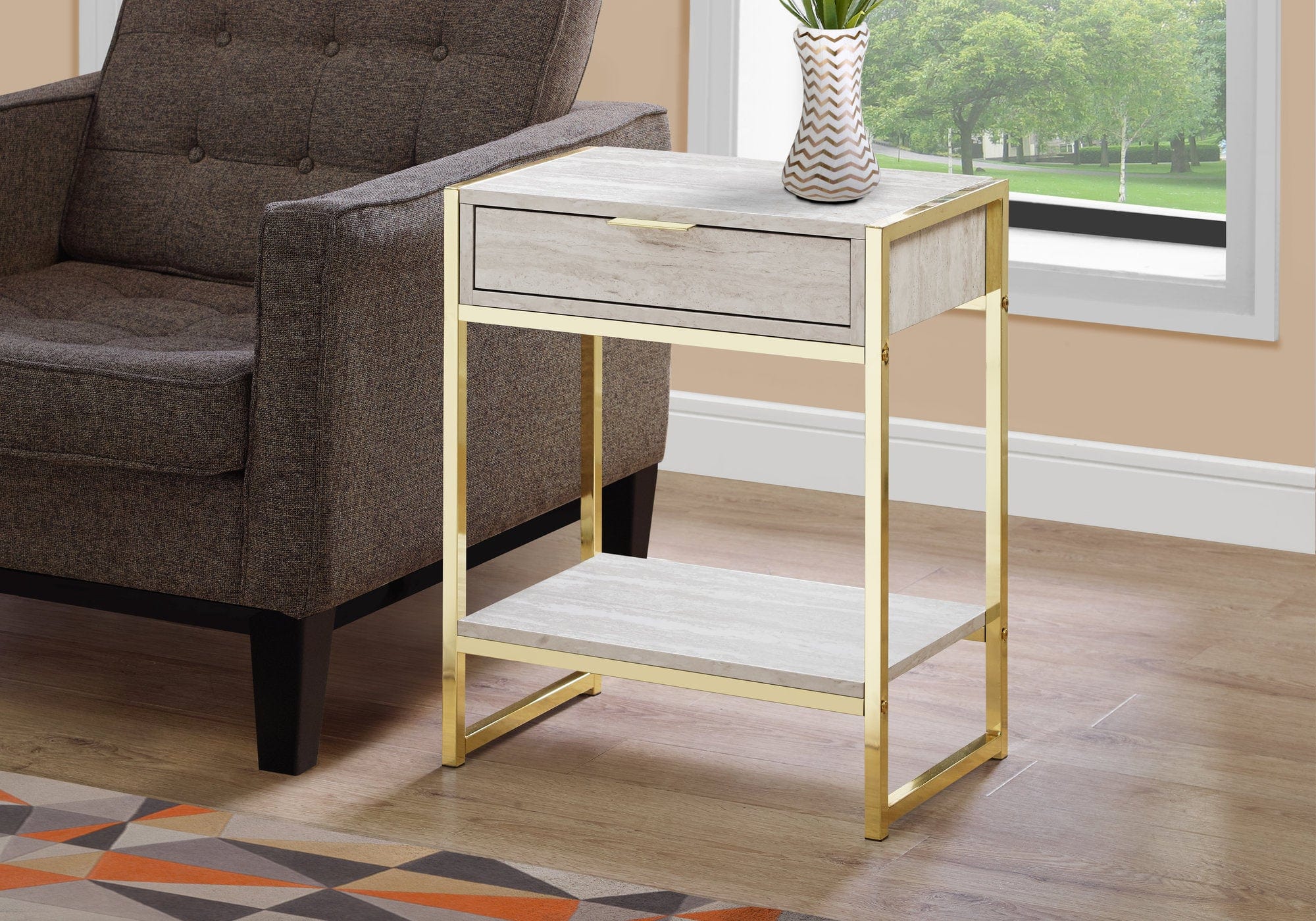 24" Gold And Beige Wood And Metal End Table With Drawer And Shelf - Homeroots - Flyclothing LLC
