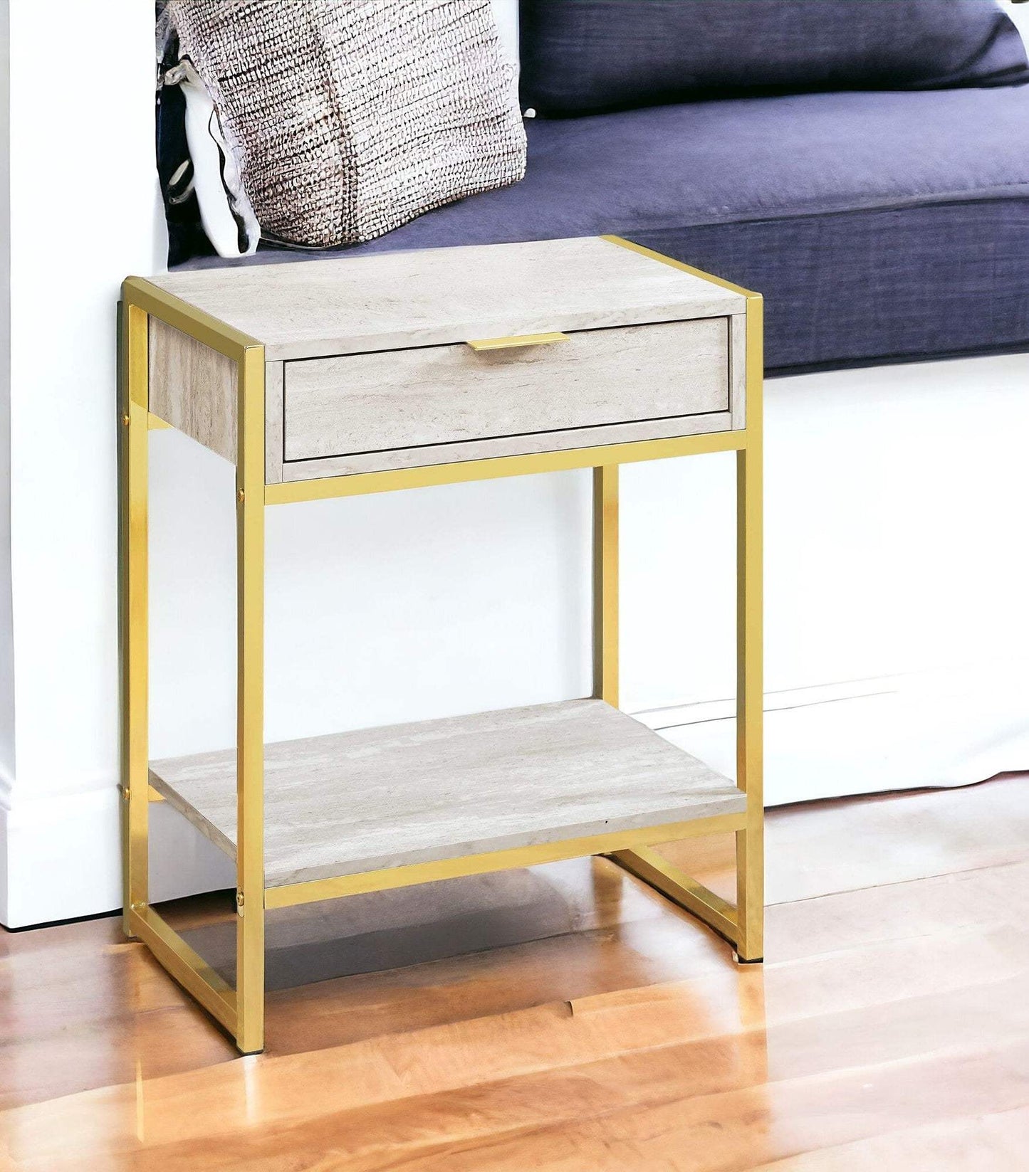 24" Gold And Beige Wood And Metal End Table With Drawer And Shelf - Homeroots - Flyclothing LLC