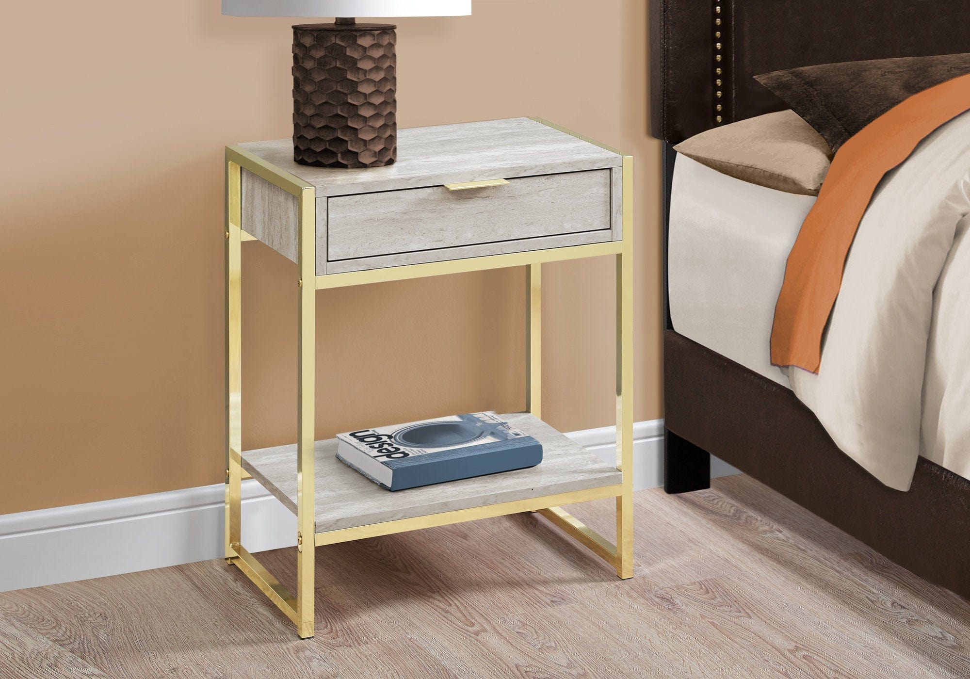 24" Gold And Beige Wood And Metal End Table With Drawer And Shelf - Homeroots - Flyclothing LLC
