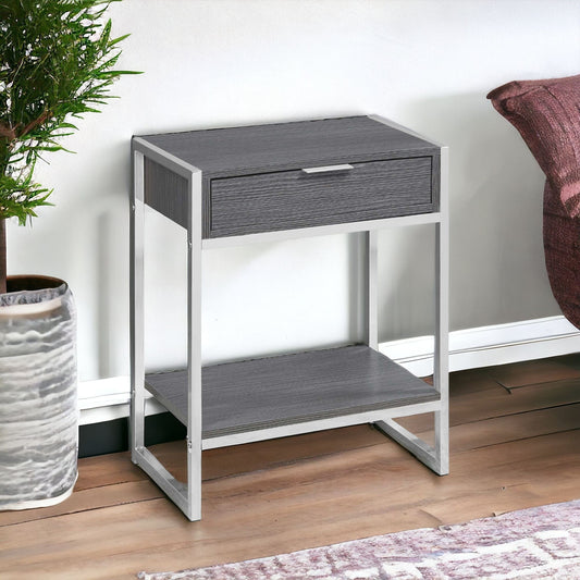 24" Silver And Gray Wood And Metal End Table With Drawer And Shelf - Homeroots