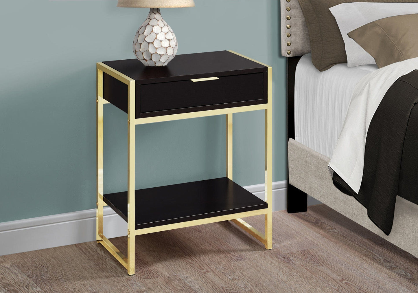 24" Gold And Dark Brown Wood And Metal End Table With Drawer And Shelf - Homeroots - Flyclothing LLC