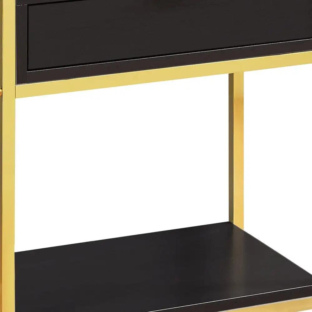 24" Gold And Dark Brown Wood And Metal End Table With Drawer And Shelf - Homeroots - Flyclothing LLC