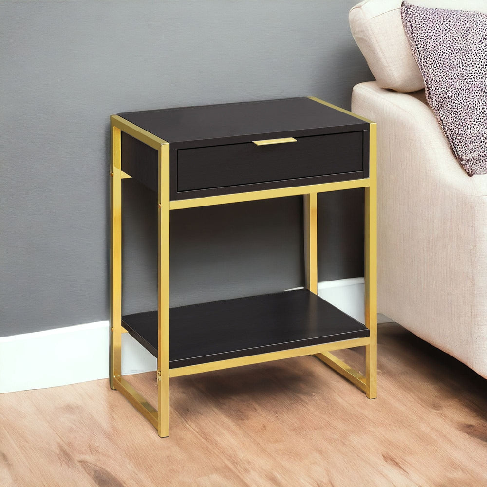 24" Gold And Dark Brown Wood And Metal End Table With Drawer And Shelf - Homeroots - Flyclothing LLC