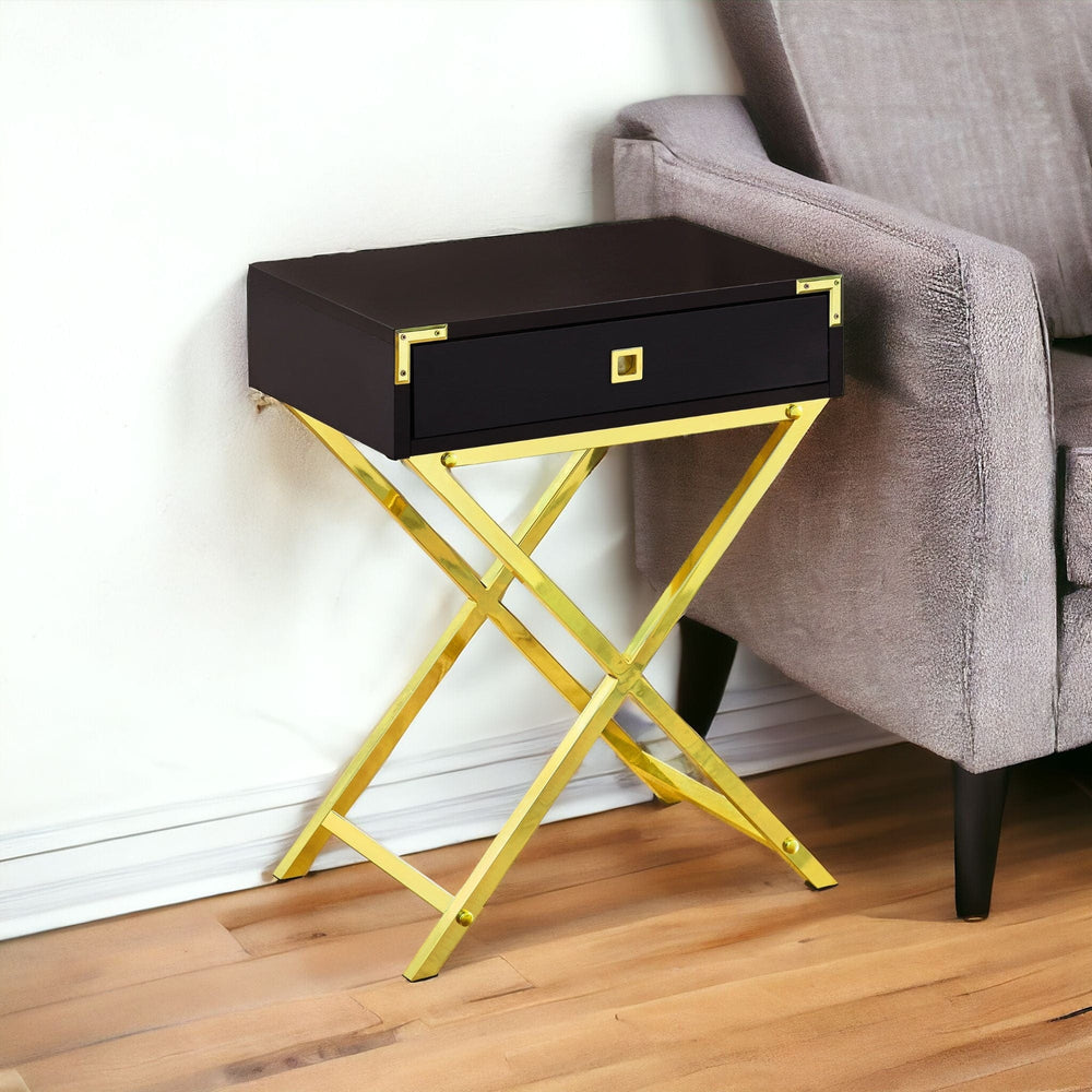 24" Gold And Dark Brown Wood And Metal End Table With Drawer - Homeroots - Flyclothing LLC