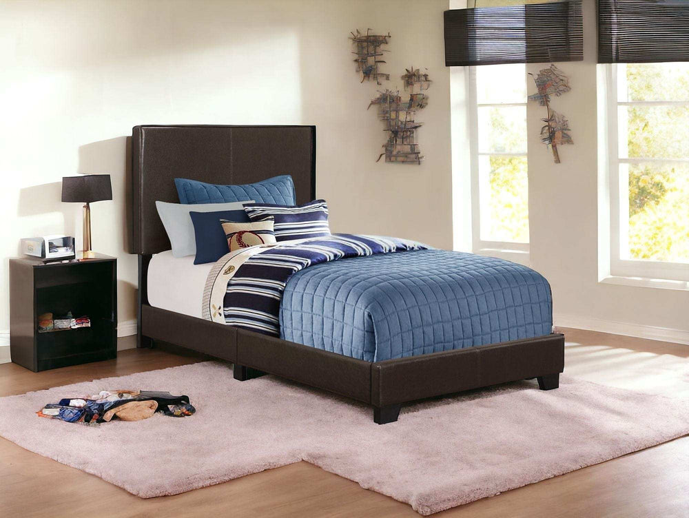 Brown Solid Wood Twin Upholstered Faux Leather Bed Frame - Homeroots - Flyclothing LLC