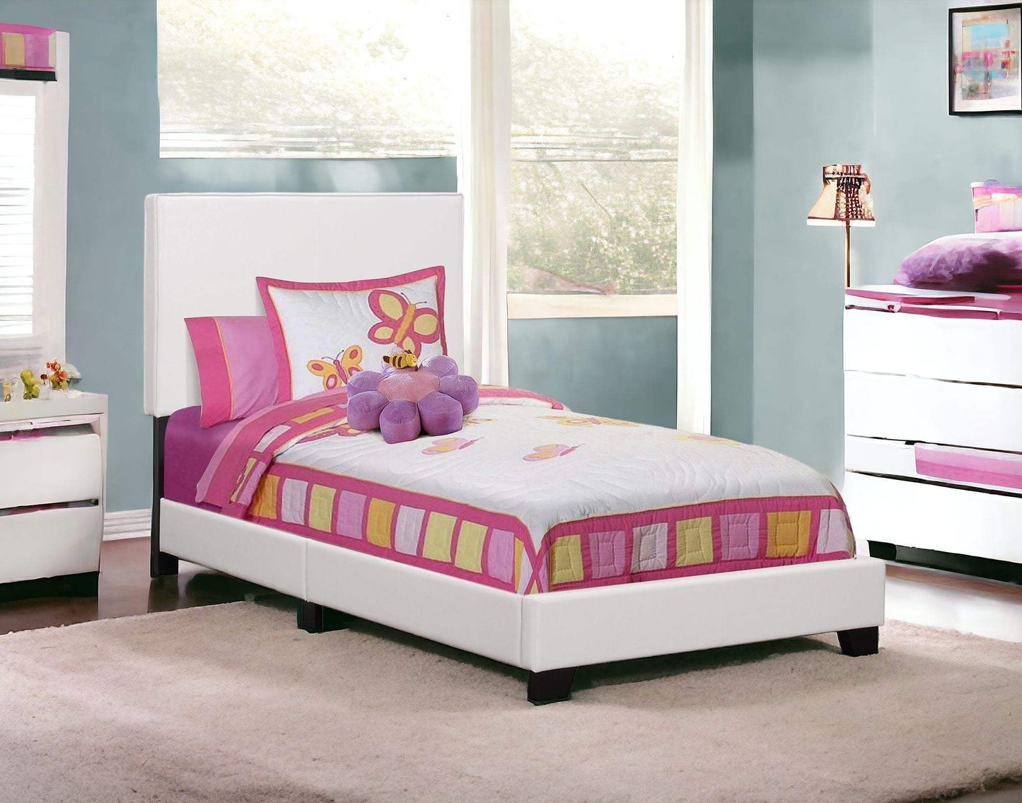 White Solid Wood Twin Upholstered Faux Leather Bed Frame - Homeroots - Flyclothing LLC