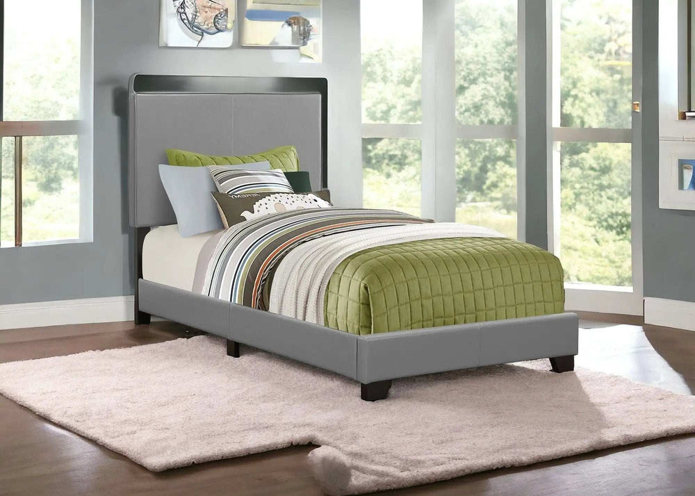 Solid Wood Twin Gray Upholstered Faux Leather Bed - Homeroots - Flyclothing LLC