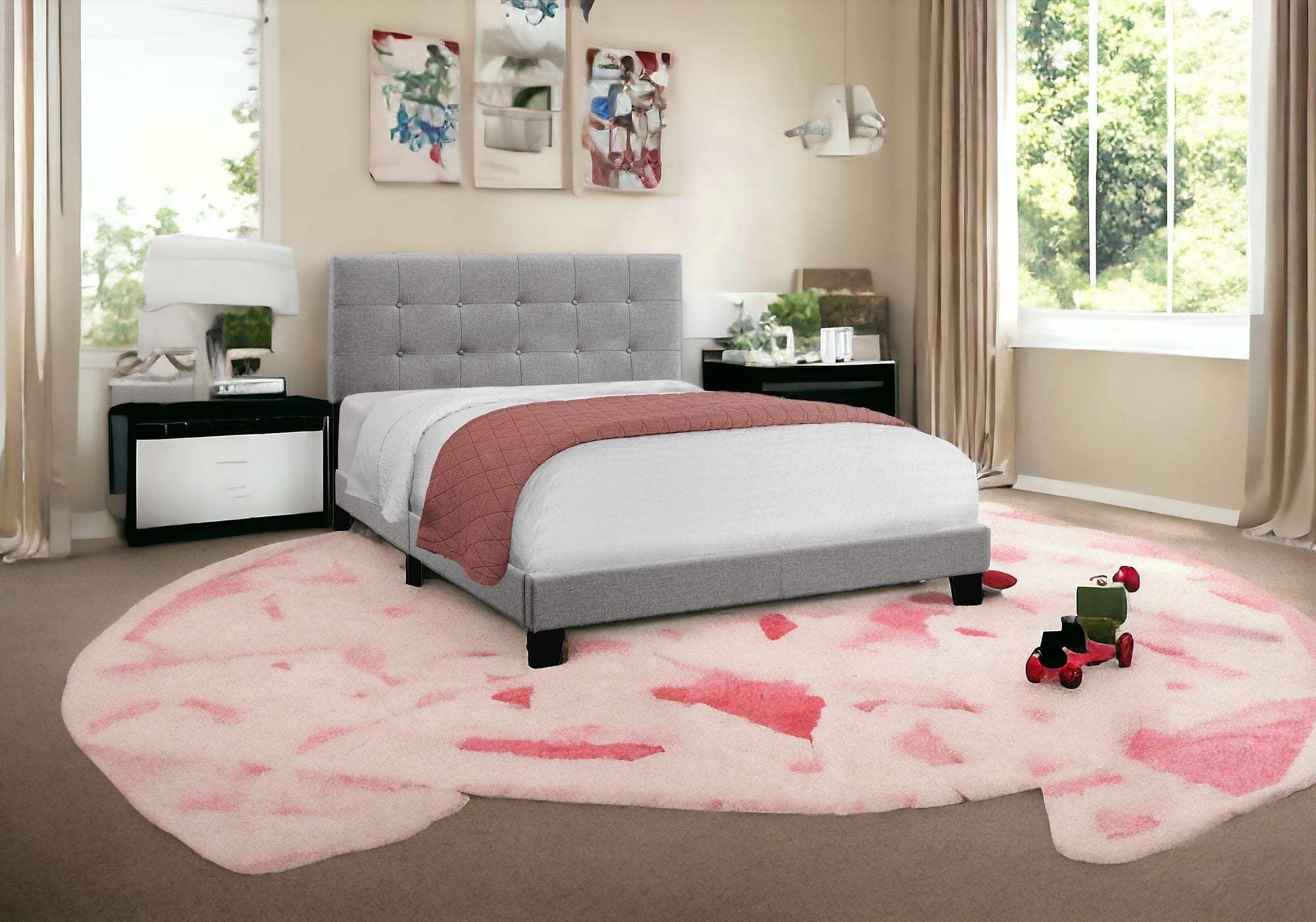 Gray Solid Wood Tufted Upholstered Linen Bed Frame - Homeroots - Flyclothing LLC