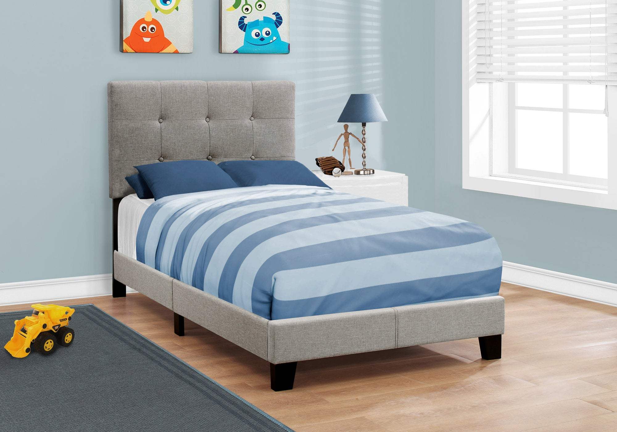 Gray Twin Tufted Upholstered Linen Bed Frame with Nailhead Trim - Homeroots - Flyclothing LLC