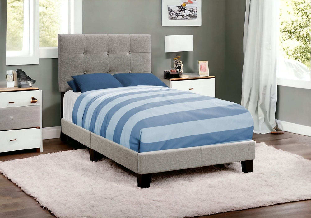 Gray Twin Tufted Upholstered Linen Bed Frame with Nailhead Trim - Homeroots - Flyclothing LLC