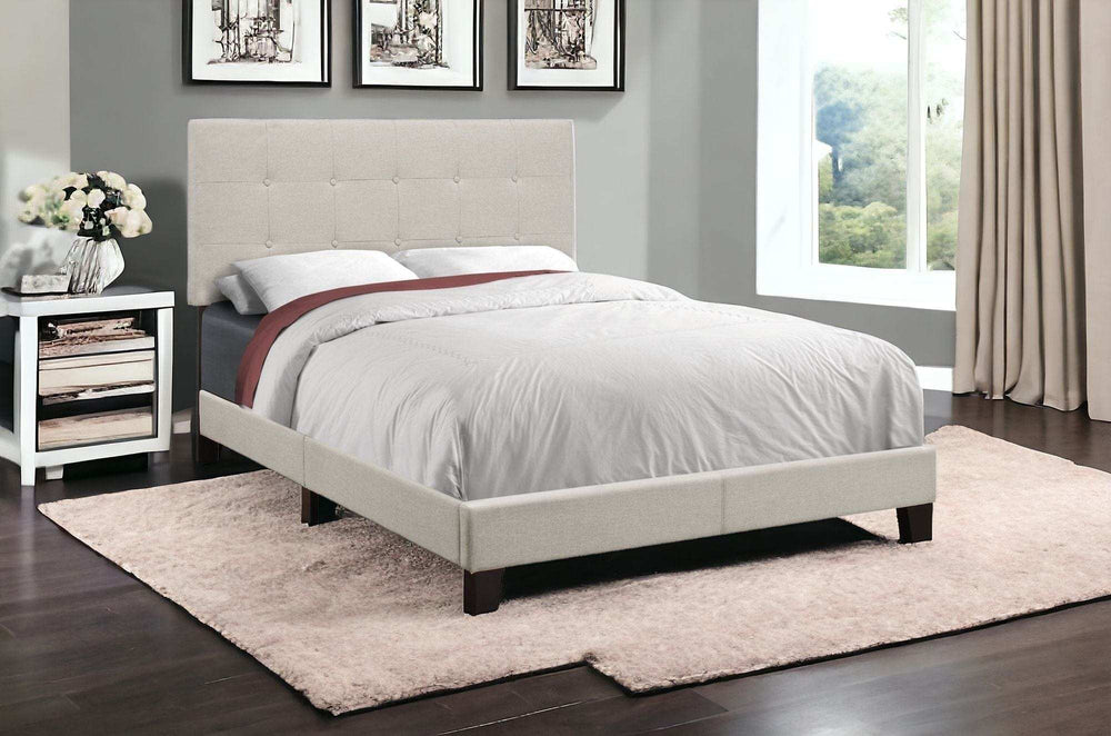 Beige Solid Wood Tufted Upholstered Linen Bed Frame - Homeroots - Flyclothing LLC