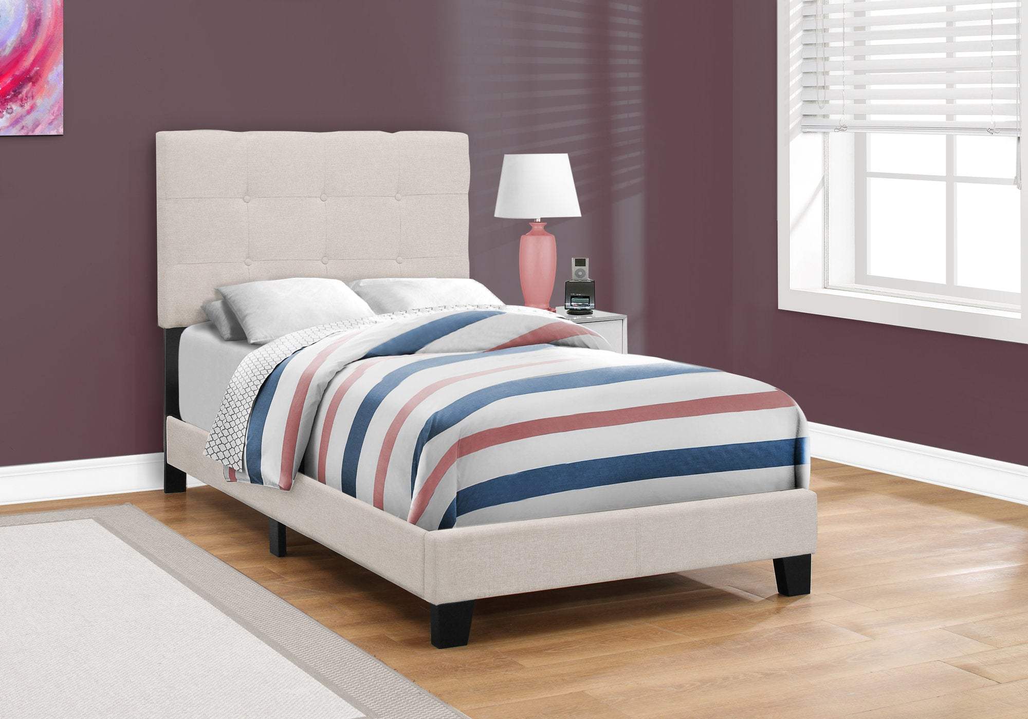 Beige Twin Tufted Upholstered Linen Bed Frame with Nailhead Trim - Homeroots - Flyclothing LLC