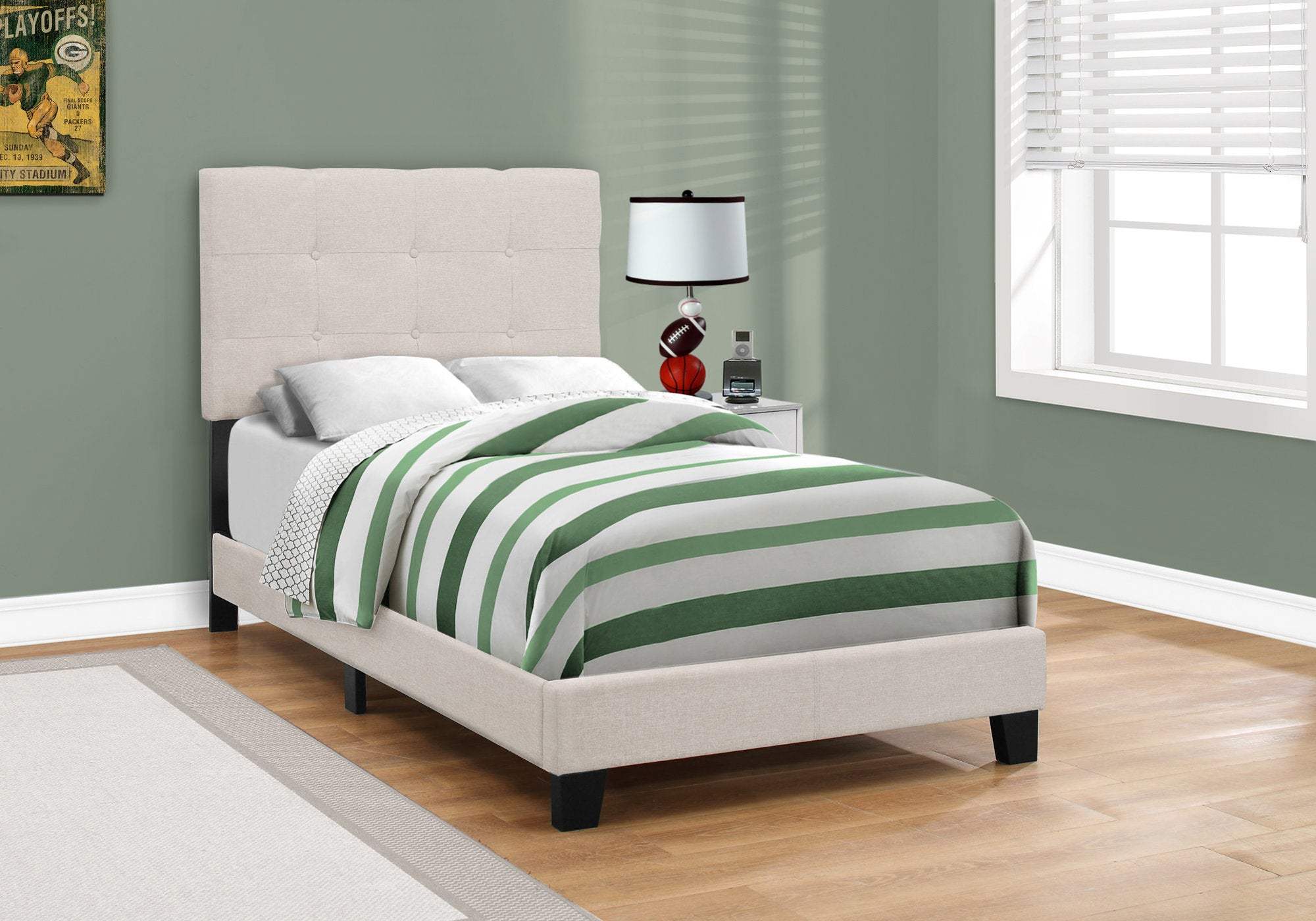 Beige Twin Tufted Upholstered Linen Bed Frame with Nailhead Trim - Homeroots - Flyclothing LLC