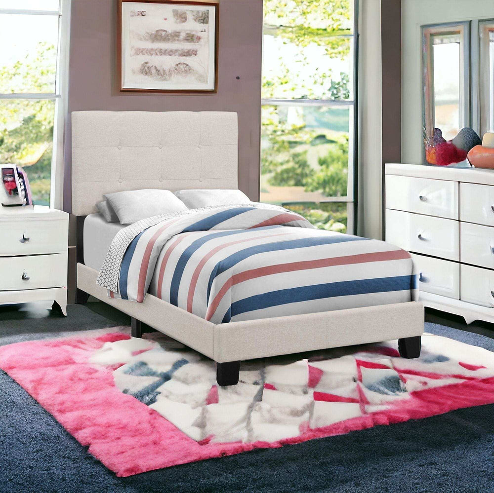 Beige Twin Tufted Upholstered Linen Bed Frame with Nailhead Trim - Homeroots - Flyclothing LLC