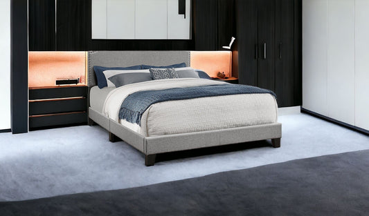 Gray Standard Bed Upholstered With Nailhead Trim And With Headboard - Homeroots