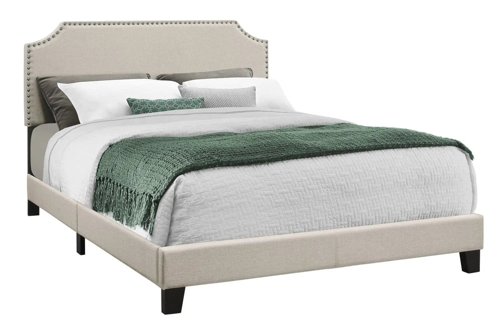 Beige Standard Bed Upholstered With Nailhead Trim And With Headboard - Homeroots