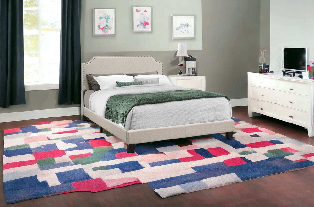 Beige Standard Bed Upholstered With Nailhead Trim And With Headboard - Homeroots - Flyclothing LLC