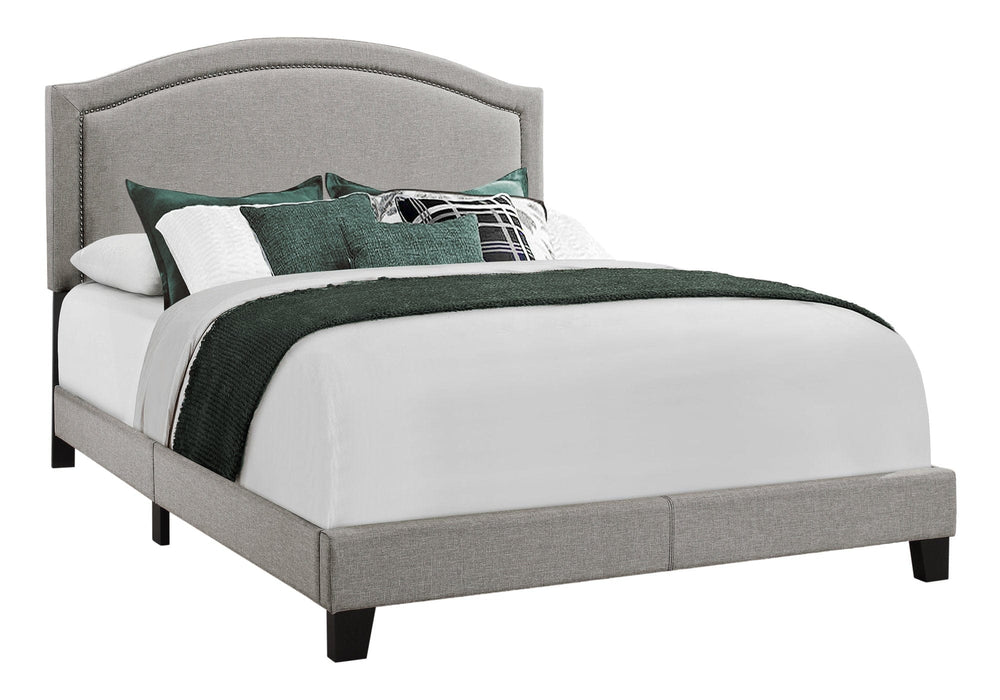 Gray Solid Wood Queen Upholstered Linen Bed Frame with Nailhead Trim - Homeroots