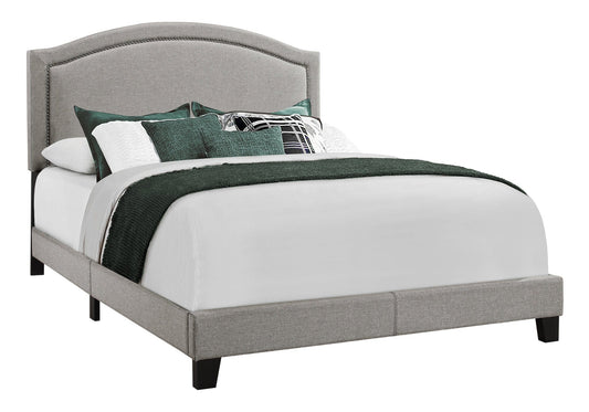 Gray Solid Wood Queen Upholstered Linen Bed Frame with Nailhead Trim - Homeroots