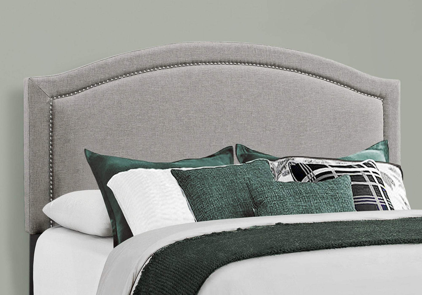 Gray Solid Wood Queen Upholstered Linen Bed Frame with Nailhead Trim - Homeroots - Flyclothing LLC