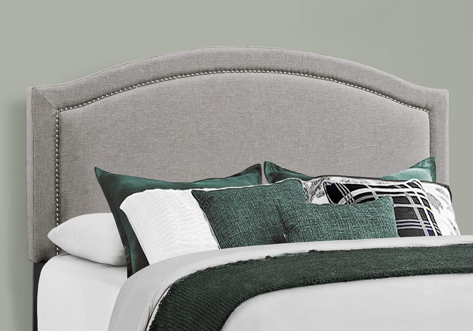 Gray Solid Wood Queen Upholstered Linen Bed Frame with Nailhead Trim - Homeroots - Flyclothing LLC