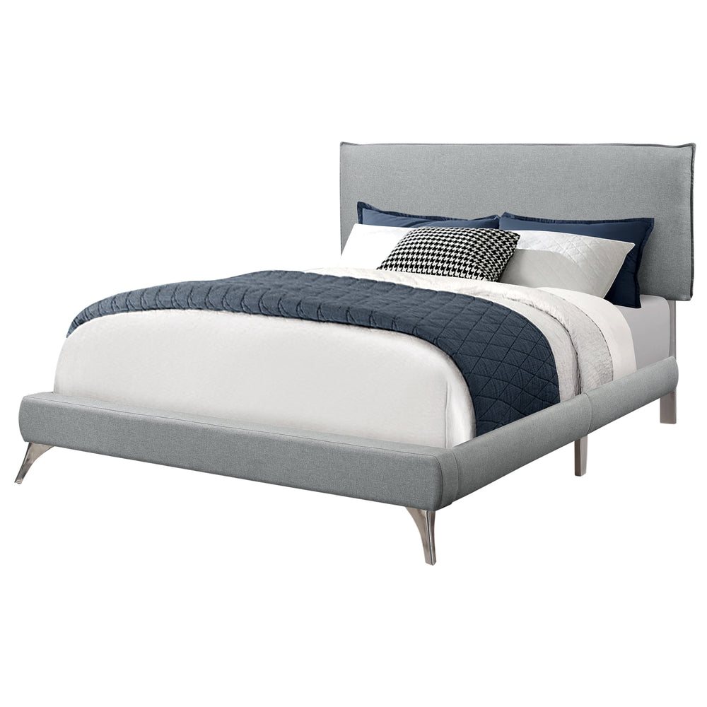 Gray Solid Wood Queen Upholstered Linen Bed Frame with Nailhead Trim - Homeroots