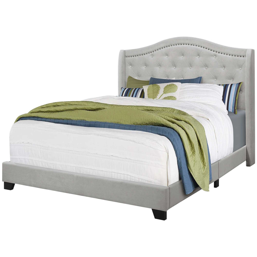 Tufted Light Gray Standard Bed Upholstered With Nailhead Trim And With Headboard - Homeroots